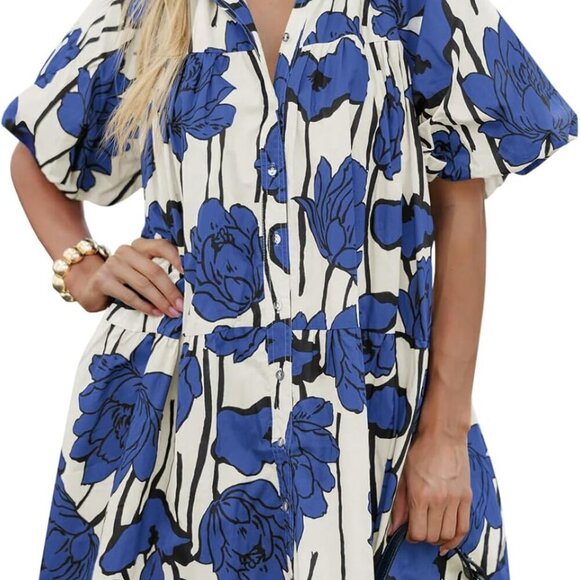 Women's Summer Button Down Shirt Dress Floral Puff Short Sleeve Casual Loose Fit - Picture 1 of 5